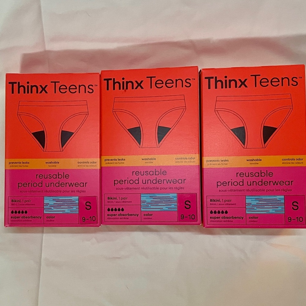 THINX TEENS 3 Pairs Reusable Period Underwear, Size S (9-10), NIB